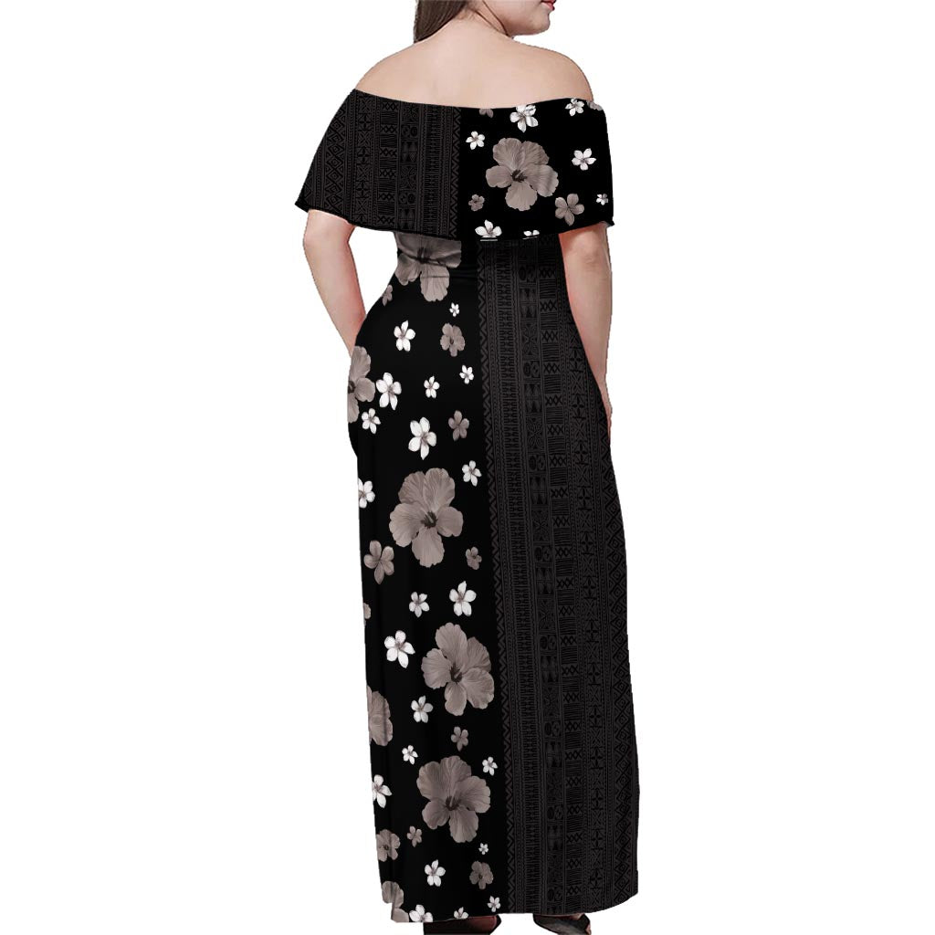 Hawaii Hibiscus and Plumeria Flowers Family Matching Off Shoulder Maxi Dress and Hawaiian Shirt Tapa Tribal Pattern Half Style Grayscale Mode
