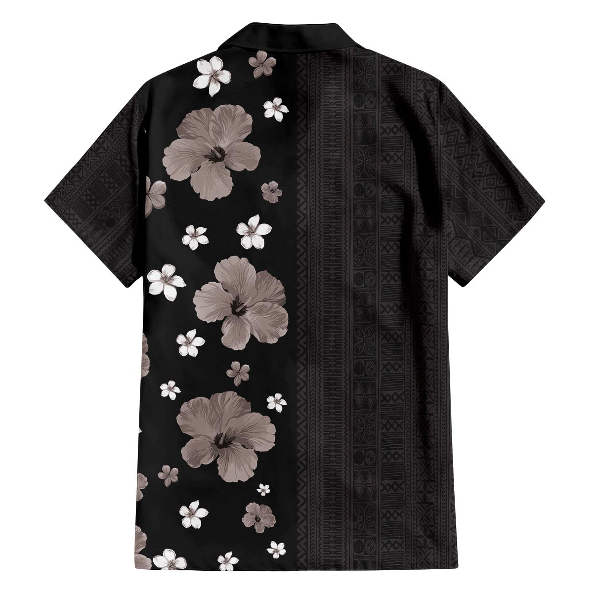 Hawaii Hibiscus and Plumeria Flowers Family Matching Puletasi and Hawaiian Shirt Tapa Tribal Pattern Half Style Grayscale Mode