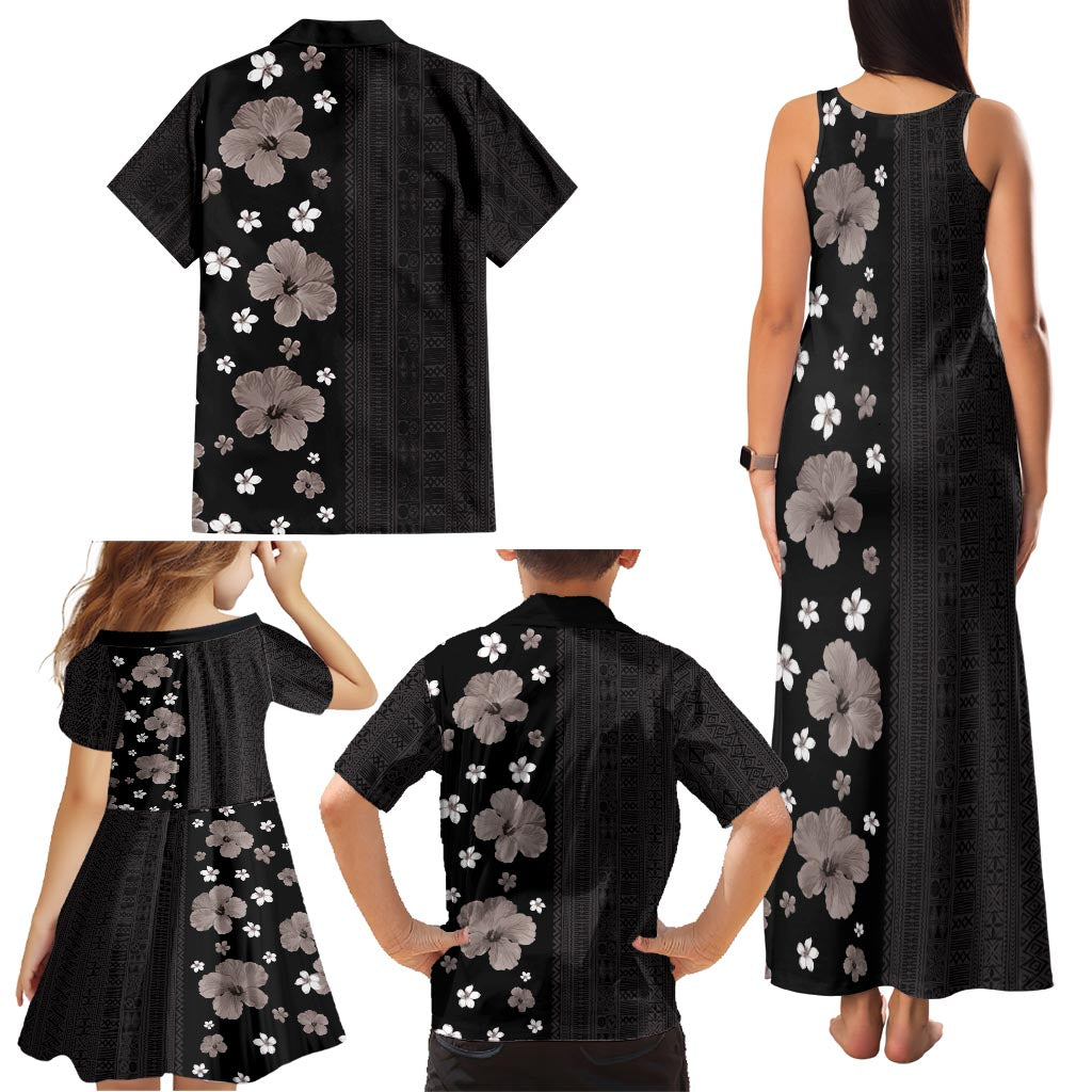 Hawaii Hibiscus and Plumeria Flowers Family Matching Tank Maxi Dress and Hawaiian Shirt Tapa Tribal Pattern Half Style Grayscale Mode