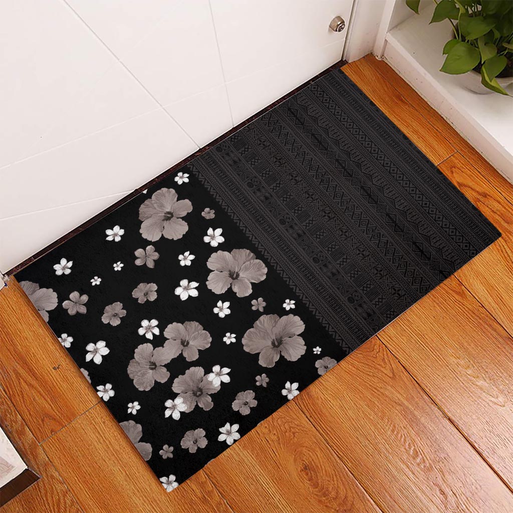Hawaii Hibiscus and Plumeria Flowers Rubber Doormat Tapa Tribal Pattern Half Style Grayscale Mode