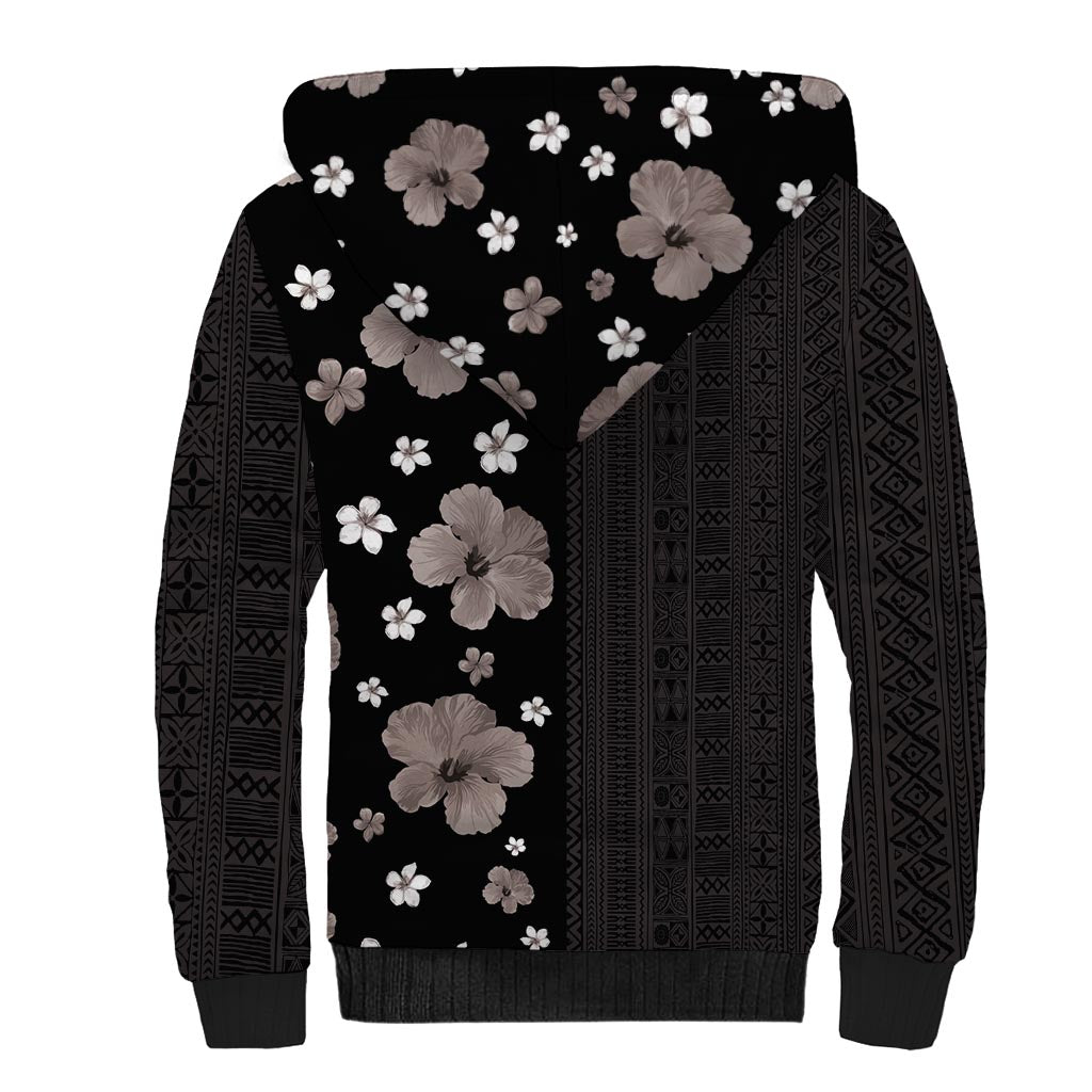 Hawaii Hibiscus and Plumeria Flowers Sherpa Hoodie Tapa Tribal Pattern Half Style Grayscale Mode
