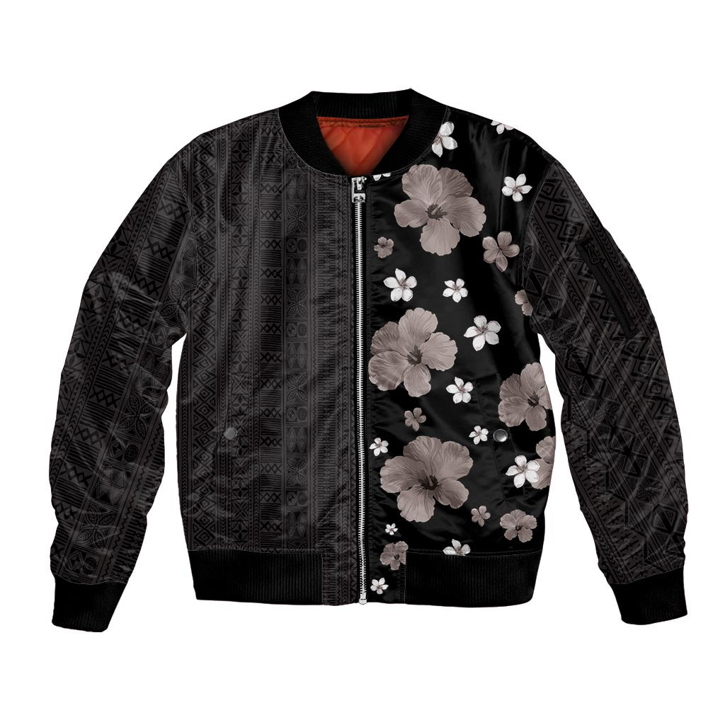 Hawaii Hibiscus and Plumeria Flowers Sleeve Zip Bomber Jacket Tapa Tribal Pattern Half Style Grayscale Mode