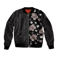 Hawaii Hibiscus and Plumeria Flowers Sleeve Zip Bomber Jacket Tapa Tribal Pattern Half Style Grayscale Mode
