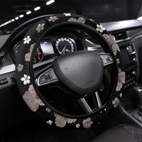 Hawaii Hibiscus and Plumeria Flowers Steering Wheel Cover Tapa Tribal Pattern Half Style Grayscale Mode