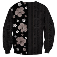 Hawaii Hibiscus and Plumeria Flowers Sweatshirt Tapa Tribal Pattern Half Style Grayscale Mode