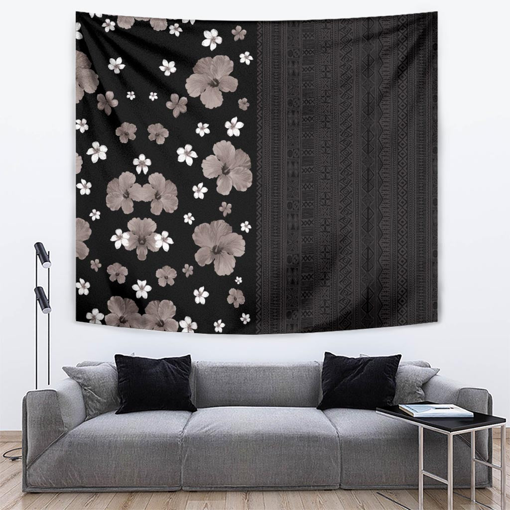 Hawaii Hibiscus and Plumeria Flowers Tapestry Tapa Tribal Pattern Half Style Grayscale Mode LT03 Black - Polynesian Pride