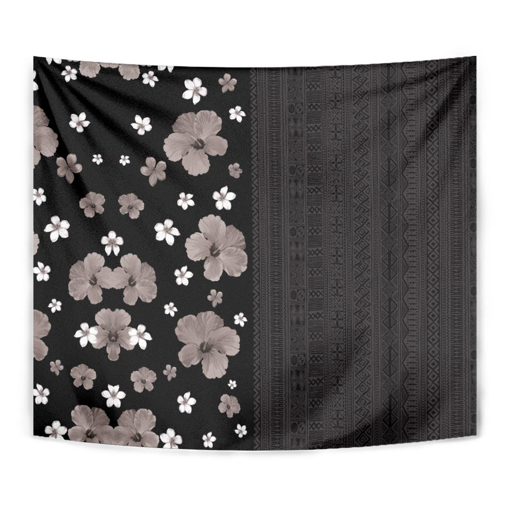 Hawaii Hibiscus and Plumeria Flowers Tapestry Tapa Tribal Pattern Half Style Grayscale Mode LT03 - Polynesian Pride