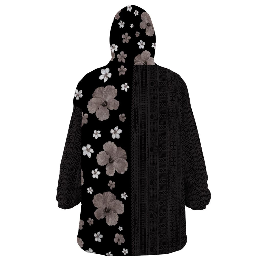 Hawaii Hibiscus and Plumeria Flowers Wearable Blanket Hoodie Tapa Tribal Pattern Half Style Grayscale Mode