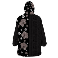 Hawaii Hibiscus and Plumeria Flowers Wearable Blanket Hoodie Tapa Tribal Pattern Half Style Grayscale Mode