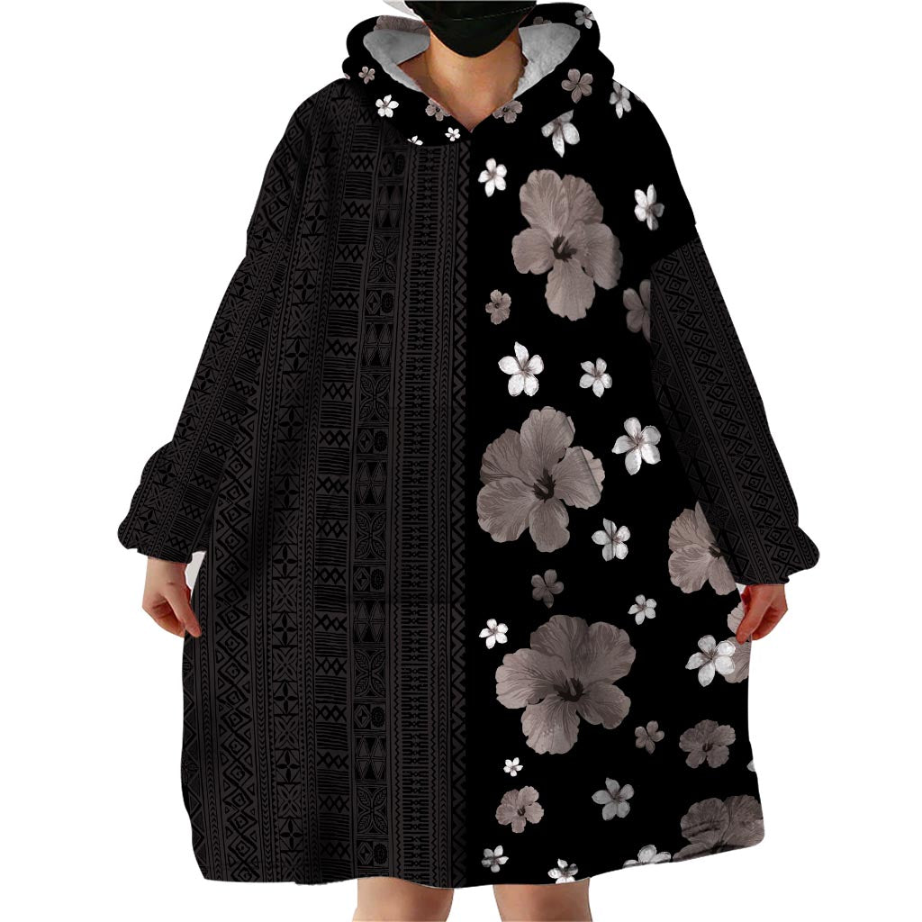 Hawaii Hibiscus and Plumeria Flowers Wearable Blanket Hoodie Tapa Tribal Pattern Half Style Grayscale Mode