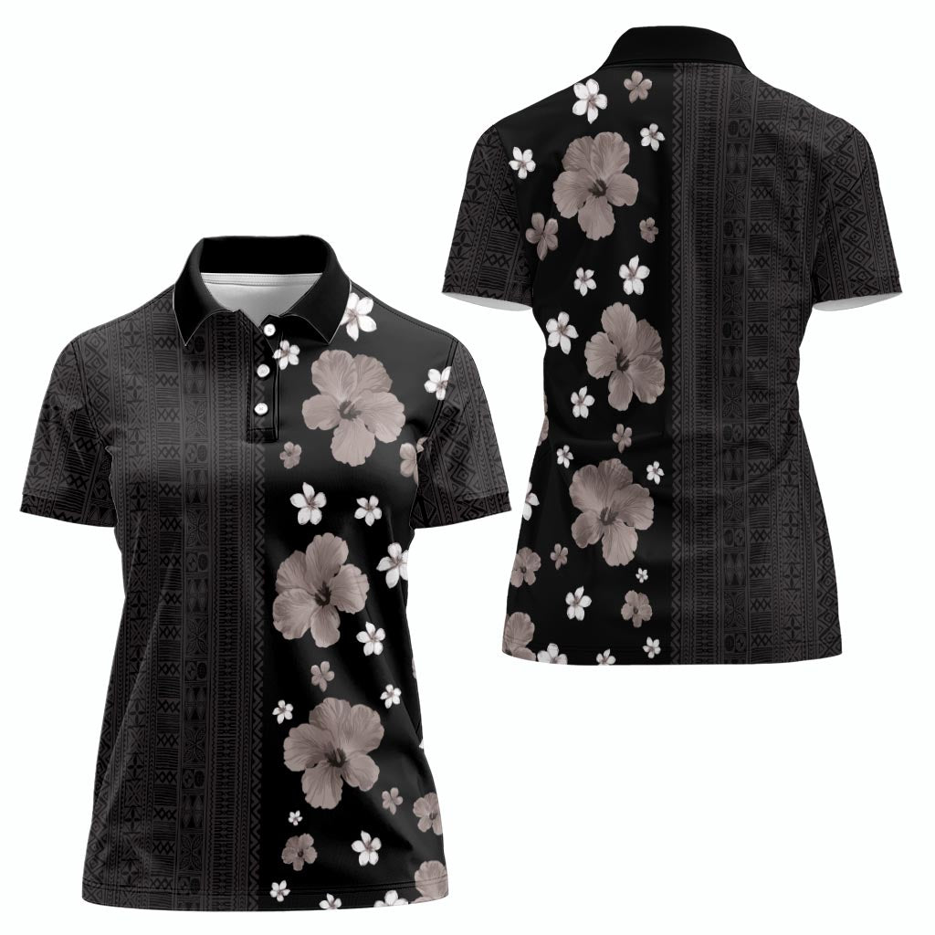 Hawaii Hibiscus and Plumeria Flowers Women Polo Shirt Tapa Tribal Pattern Half Style Grayscale Mode