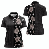 Hawaii Hibiscus and Plumeria Flowers Women Polo Shirt Tapa Tribal Pattern Half Style Grayscale Mode