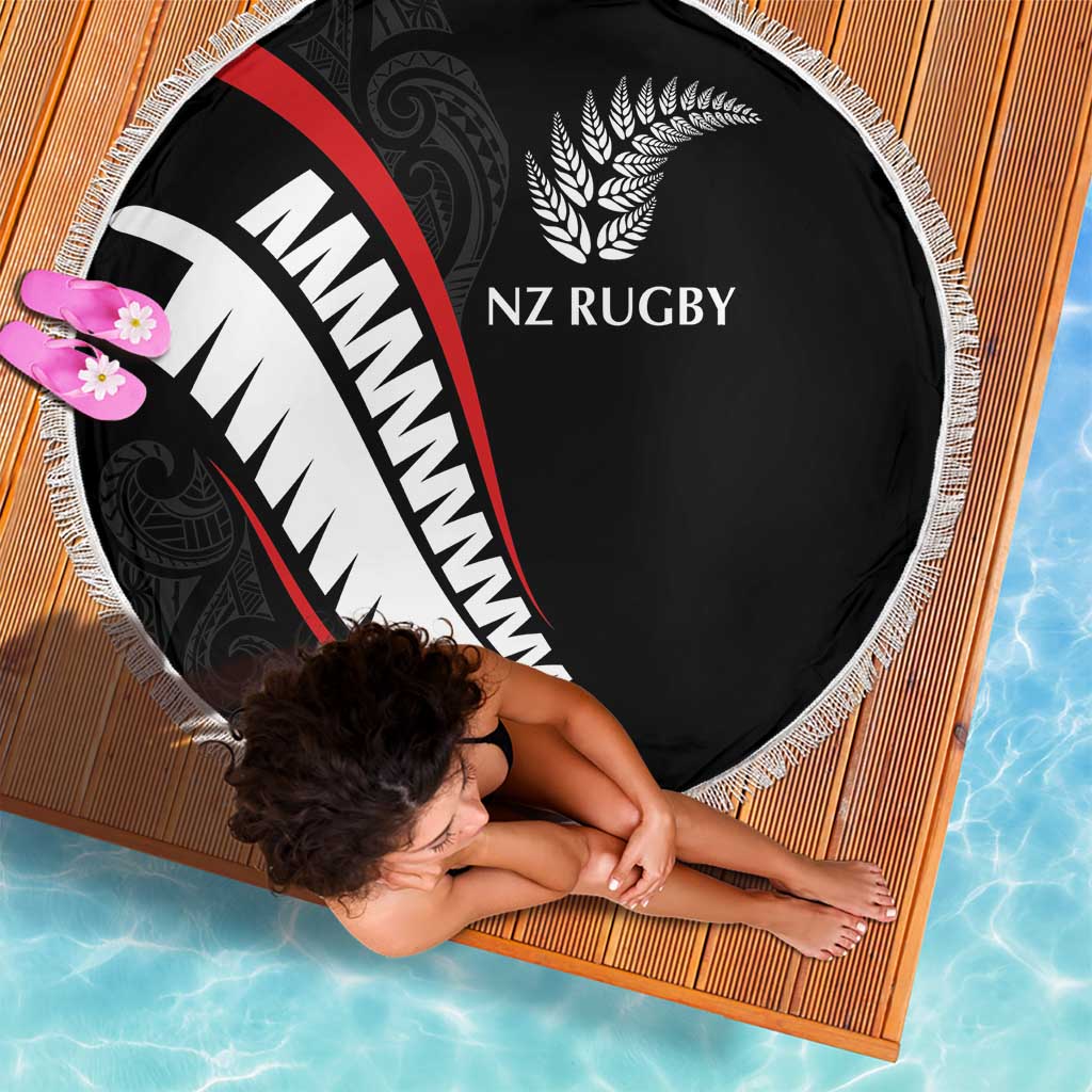New Zealand Rugby Beach Blanket Sporty Silver Fern Shape with Maori Tattoos - Polynesian Pride