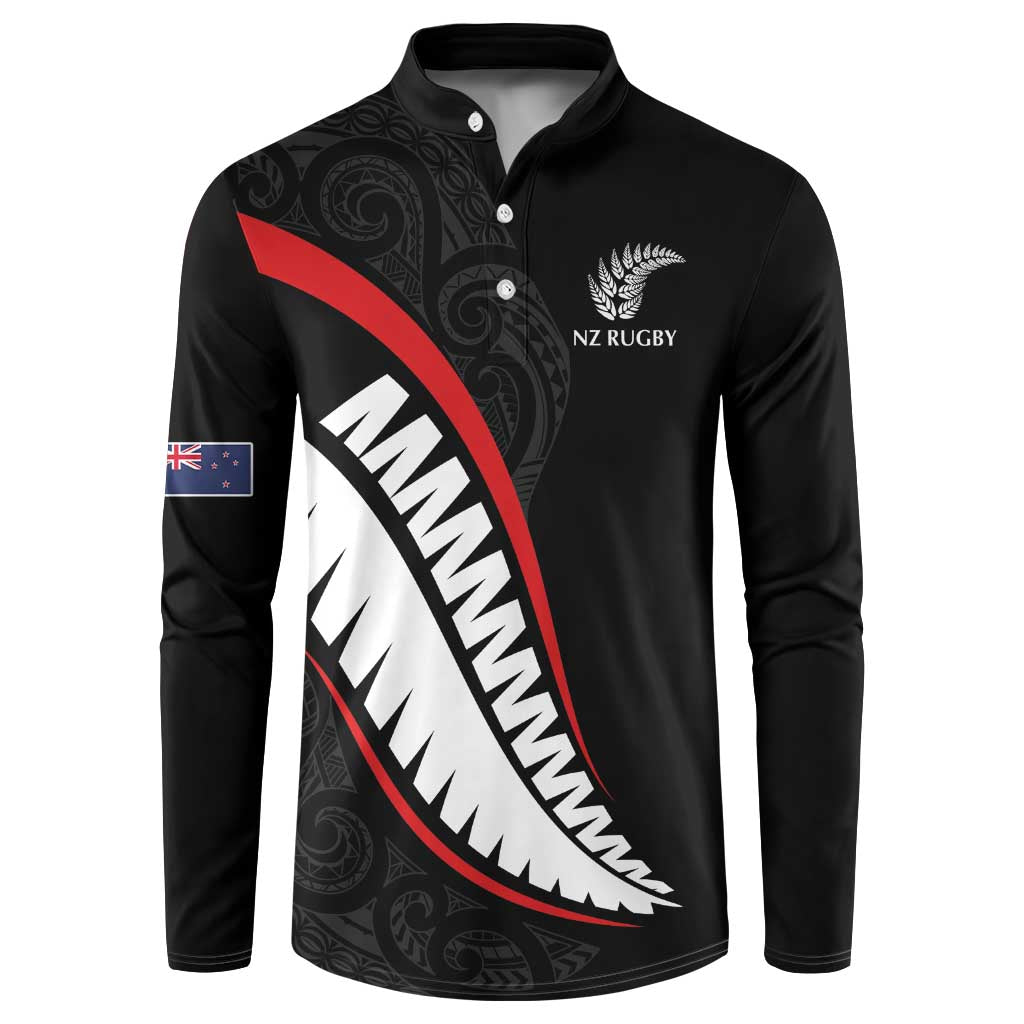 New Zealand Rugby Custom Button Sweatshirt Sporty Silver Fern Shape with Maori Tattoos - Polynesian Pride
