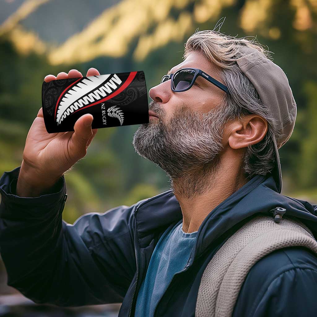 New Zealand Rugby Custom 4 in 1 Can Cooler Tumbler Sporty Silver Fern Shape with Maori Tattoos - Polynesian Pride