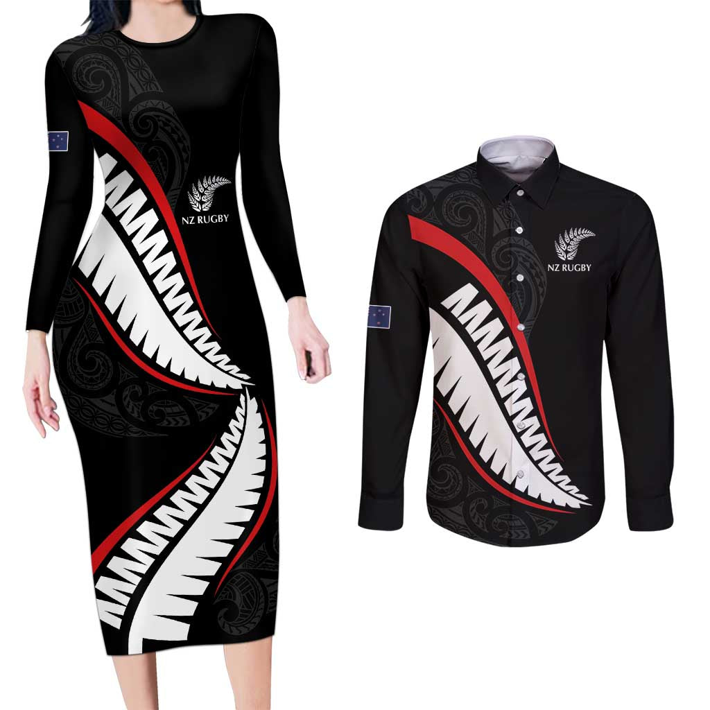 New Zealand Rugby Custom Couples Matching Long Sleeve Bodycon Dress and Long Sleeve Button Shirt Sporty Silver Fern Shape with Maori Tattoos - Polynesian Pride