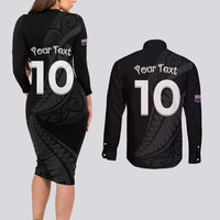 New Zealand Rugby Custom Couples Matching Long Sleeve Bodycon Dress and Long Sleeve Button Shirt Sporty Silver Fern Shape with Maori Tattoos - Polynesian Pride