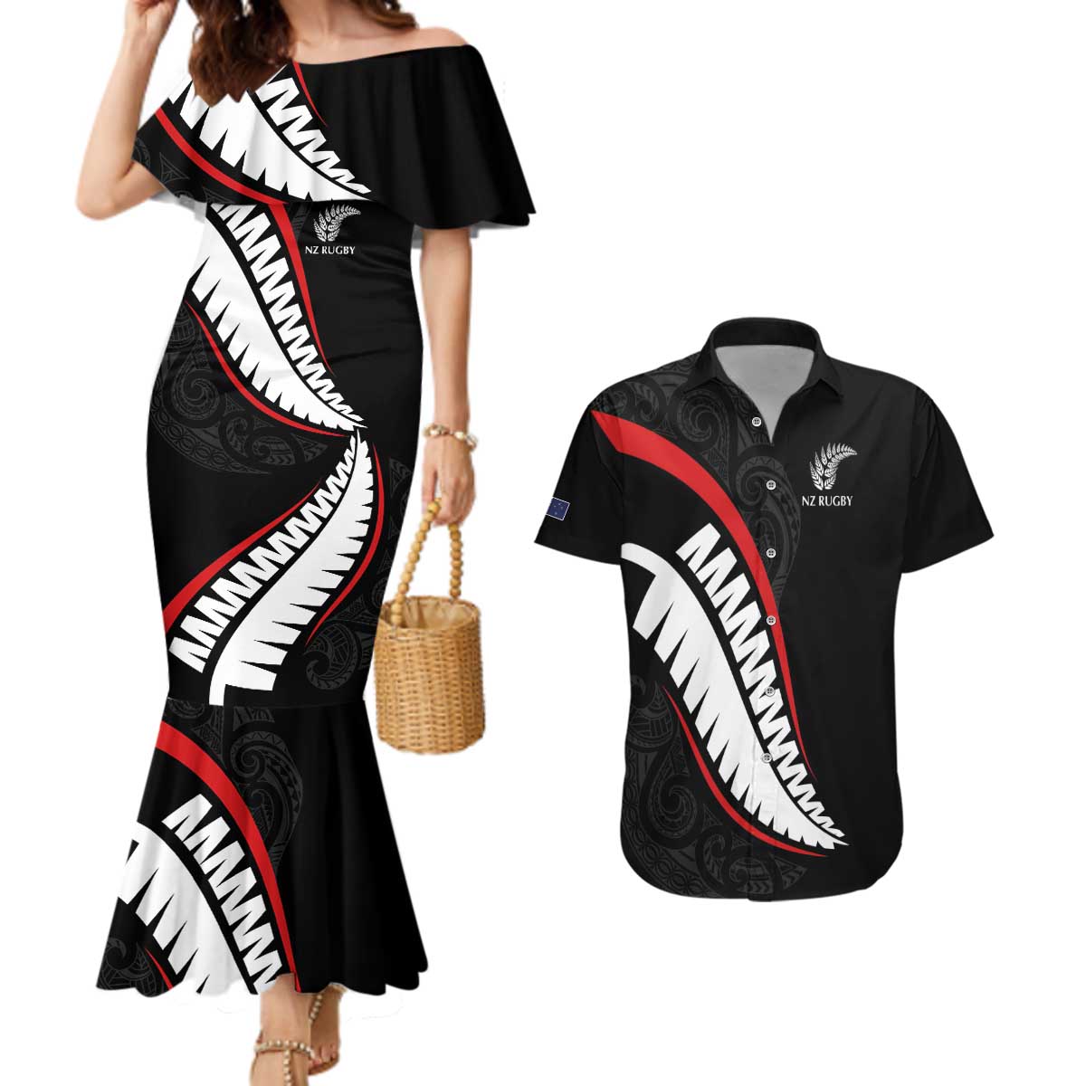 New Zealand Rugby Custom Couples Matching Mermaid Dress and Hawaiian Shirt Sporty Silver Fern Shape with Maori Tattoos - Polynesian Pride