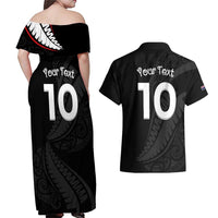 New Zealand Rugby Custom Couples Matching Off Shoulder Maxi Dress and Hawaiian Shirt Sporty Silver Fern Shape with Maori Tattoos - Polynesian Pride