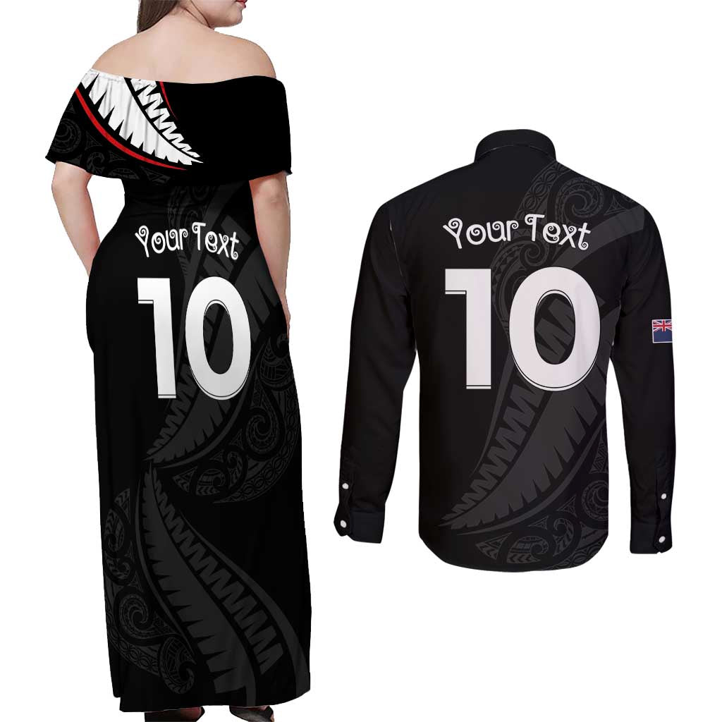 New Zealand Rugby Custom Couples Matching Off Shoulder Maxi Dress and Long Sleeve Button Shirt Sporty Silver Fern Shape with Maori Tattoos - Polynesian Pride