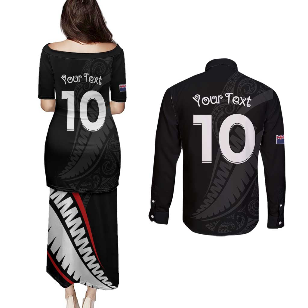 New Zealand Rugby Custom Couples Matching Puletasi and Long Sleeve Button Shirt Sporty Silver Fern Shape with Maori Tattoos - Polynesian Pride