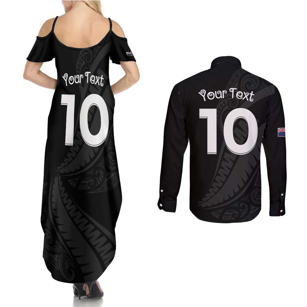 New Zealand Rugby Custom Couples Matching Summer Maxi Dress and Long Sleeve Button Shirt Sporty Silver Fern Shape with Maori Tattoos - Polynesian Pride