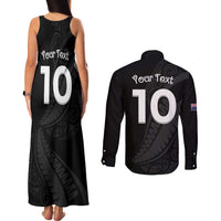 New Zealand Rugby Custom Couples Matching Tank Maxi Dress and Long Sleeve Button Shirt Sporty Silver Fern Shape with Maori Tattoos - Polynesian Pride