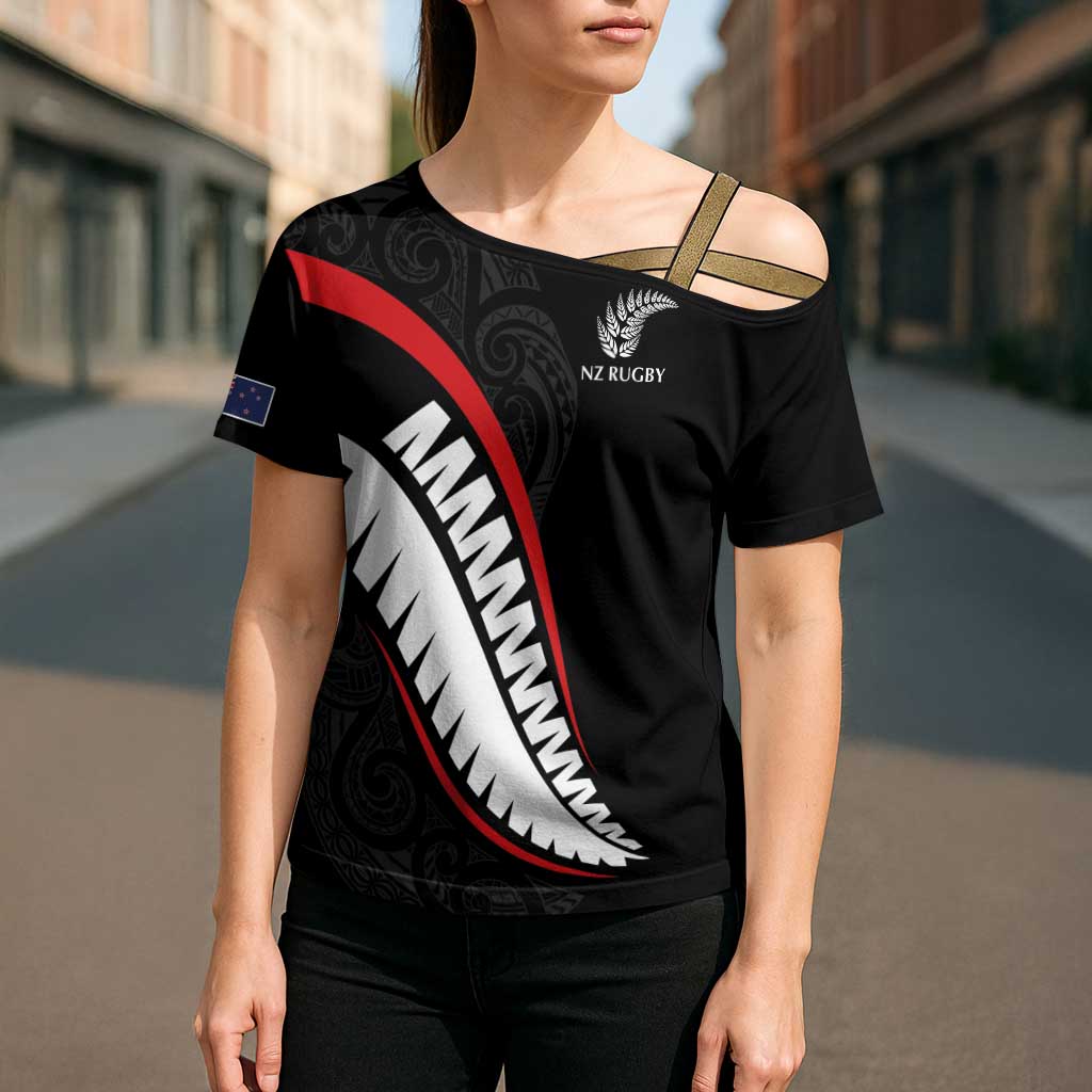 New Zealand Rugby Custom Cross Shoulder Shirt Sporty Silver Fern Shape with Maori Tattoos - Polynesian Pride