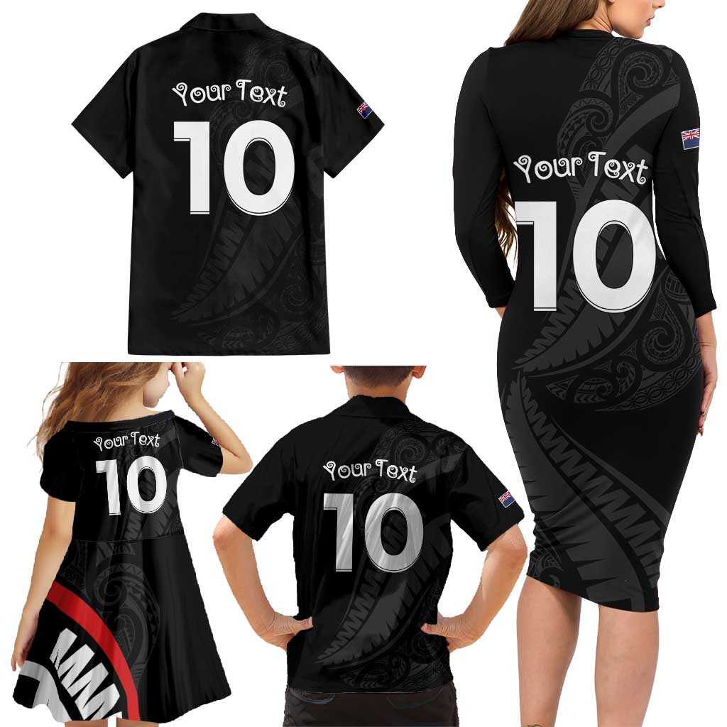 New Zealand Rugby Custom Family Matching Long Sleeve Bodycon Dress and Hawaiian Shirt Sporty Silver Fern Shape with Maori Tattoos - Polynesian Pride