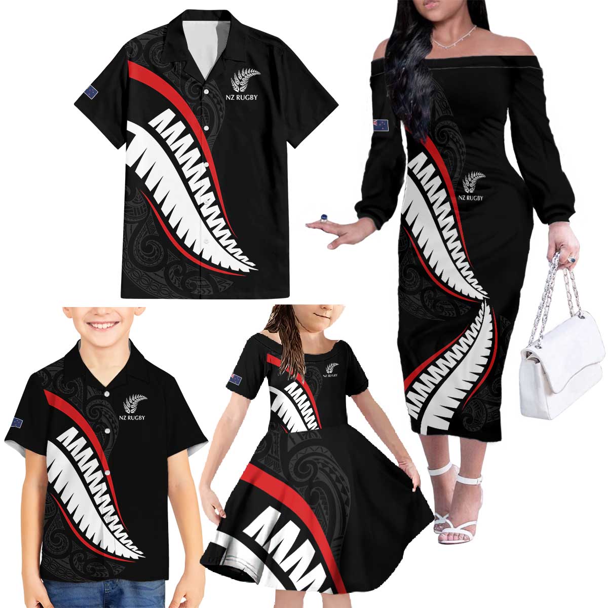New Zealand Rugby Custom Family Matching Off The Shoulder Long Sleeve Dress and Hawaiian Shirt Sporty Silver Fern Shape with Maori Tattoos - Polynesian Pride