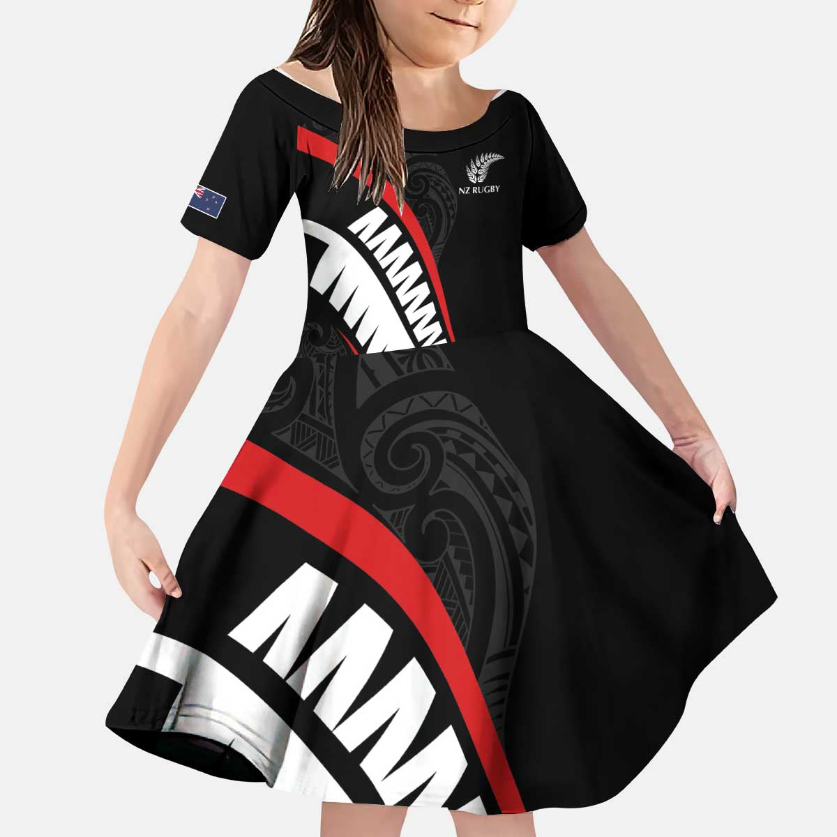New Zealand Rugby Custom Kid Short Sleeve Dress Sporty Silver Fern Shape with Maori Tattoos - Polynesian Pride