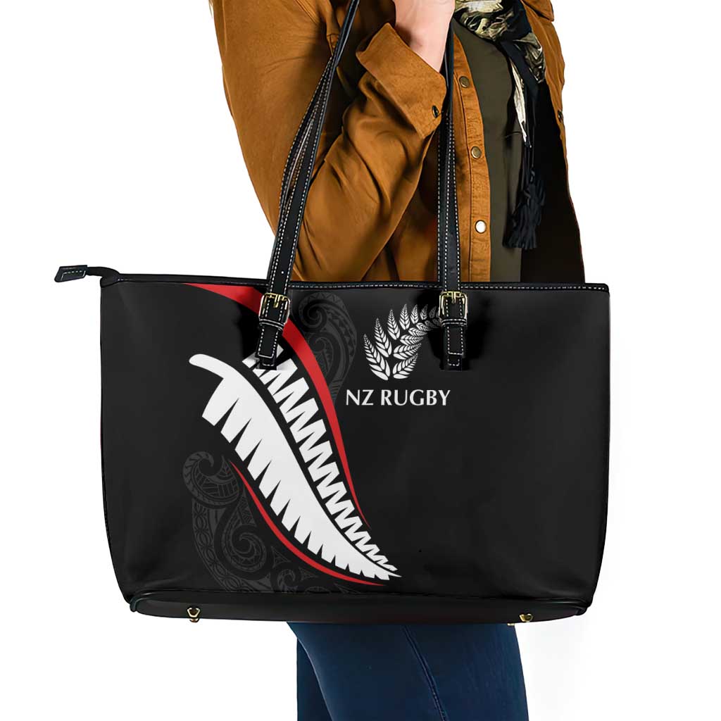 New Zealand Rugby Leather Tote Bag Sporty Silver Fern Shape with Maori Tattoos - Polynesian Pride