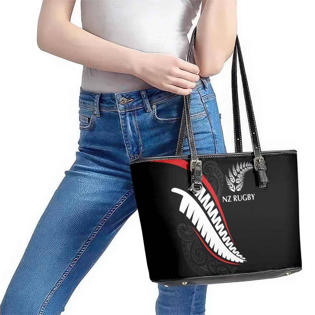 New Zealand Rugby Leather Tote Bag Sporty Silver Fern Shape with Maori Tattoos - Polynesian Pride