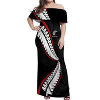 New Zealand Rugby Custom Off Shoulder Maxi Dress Sporty Silver Fern Shape with Maori Tattoos - Polynesian Pride