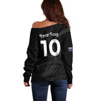 New Zealand Rugby Custom Off Shoulder Sweater Sporty Silver Fern Shape with Maori Tattoos - Polynesian Pride