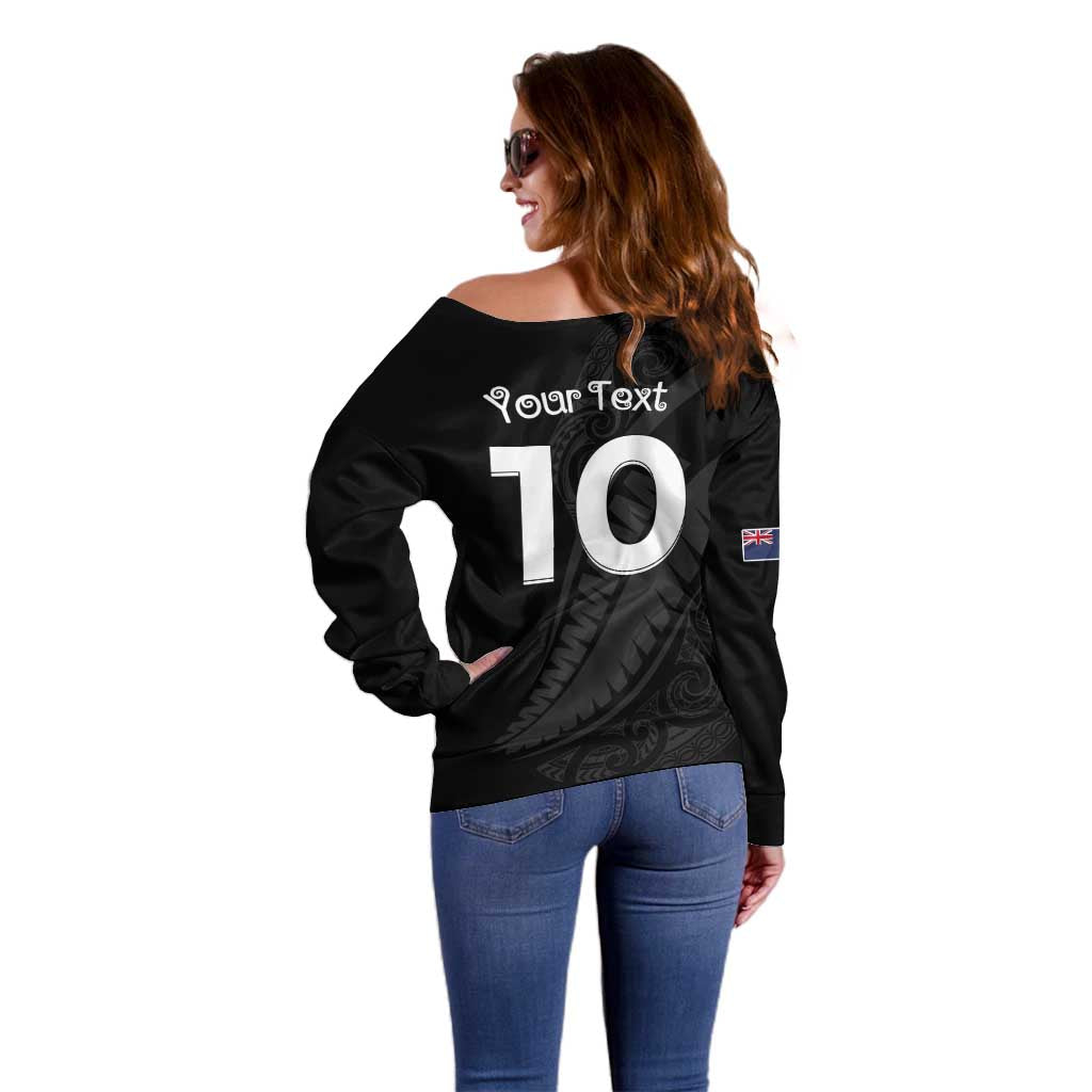 New Zealand Rugby Custom Off Shoulder Sweater Sporty Silver Fern Shape with Maori Tattoos - Polynesian Pride