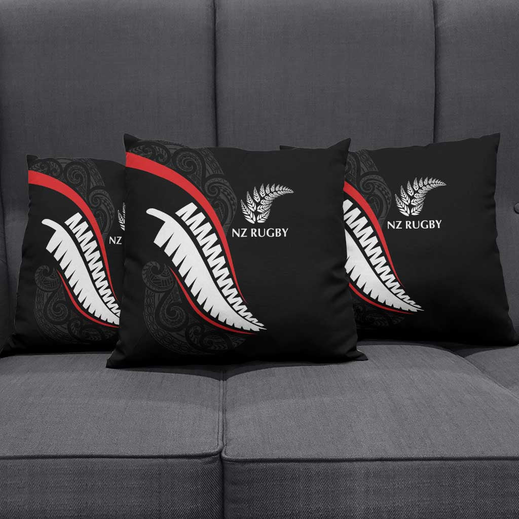 New Zealand Rugby Pillow Cover Sporty Silver Fern Shape with Maori Tattoos - Polynesian Pride