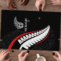 New Zealand Rugby Puzzle Sporty Silver Fern Shape with Maori Tattoos - Polynesian Pride