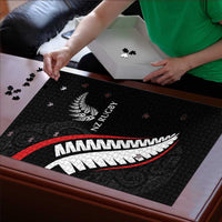 New Zealand Rugby Puzzle Sporty Silver Fern Shape with Maori Tattoos - Polynesian Pride