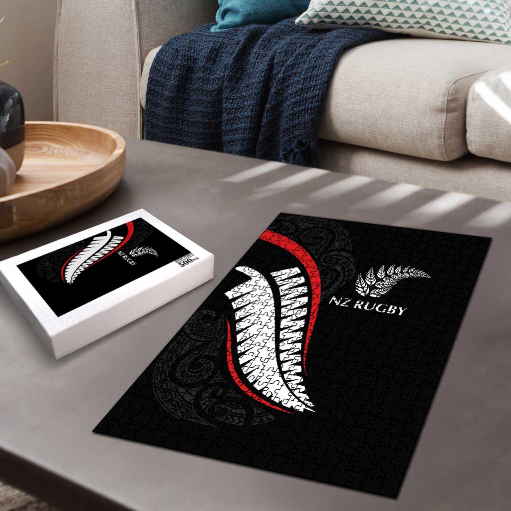 New Zealand Rugby Puzzle Sporty Silver Fern Shape with Maori Tattoos - Polynesian Pride