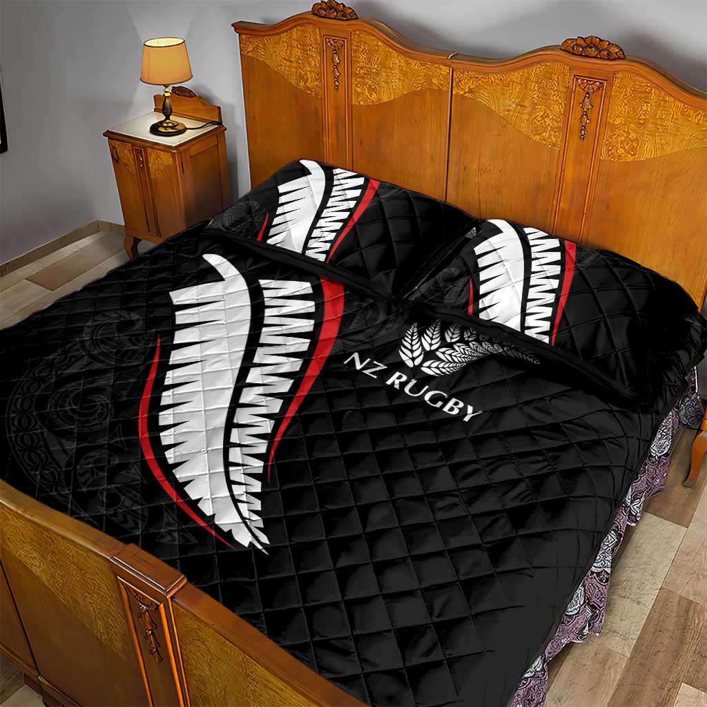 New Zealand Rugby Quilt Bed Set Sporty Silver Fern Shape with Maori Tattoos - Polynesian Pride