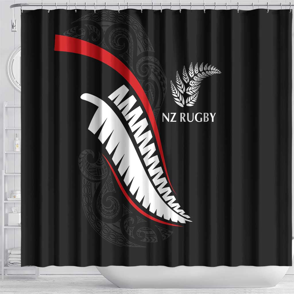 New Zealand Rugby Shower Curtain Sporty Silver Fern Shape with Maori Tattoos - Polynesian Pride