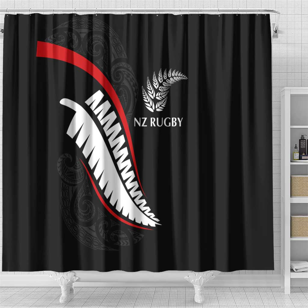 New Zealand Rugby Shower Curtain Sporty Silver Fern Shape with Maori Tattoos - Polynesian Pride