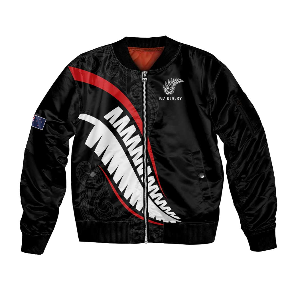 New Zealand Rugby Custom Sleeve Zip Bomber Jacket Sporty Silver Fern Shape with Maori Tattoos - Polynesian Pride