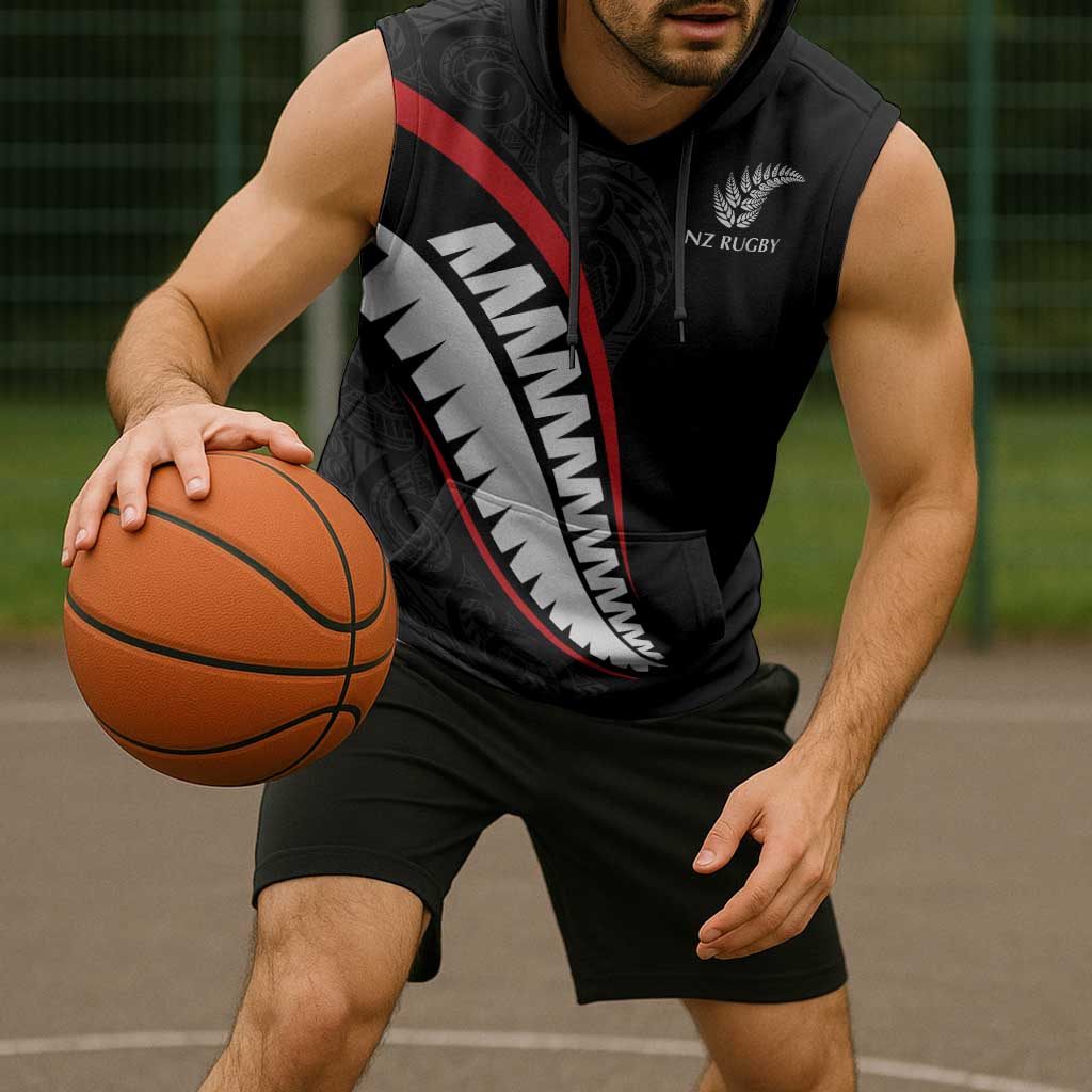 New Zealand Rugby Custom Sleeveless Hoodie Sporty Silver Fern Shape with Maori Tattoos - Polynesian Pride