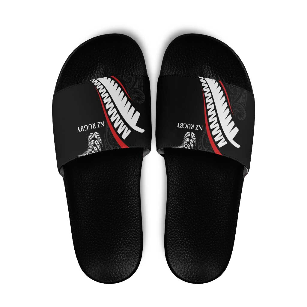 New Zealand Rugby Slide Sandals Sporty Silver Fern Shape with Maori Tattoos - Polynesian Pride
