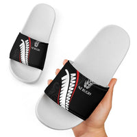 New Zealand Rugby Slide Sandals Sporty Silver Fern Shape with Maori Tattoos - Polynesian Pride