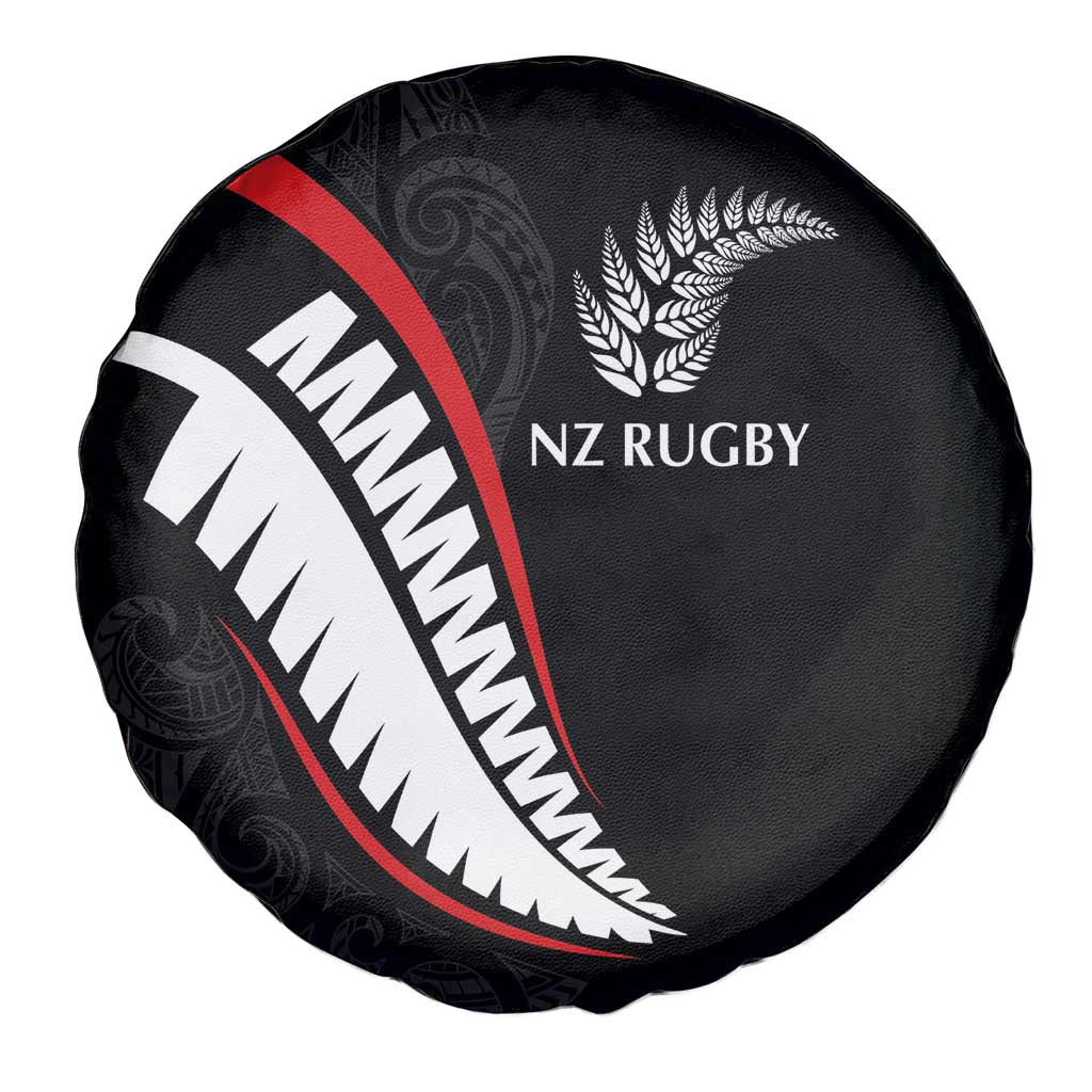 New Zealand Rugby Spare Tire Cover Sporty Silver Fern Shape with Maori Tattoos - Polynesian Pride