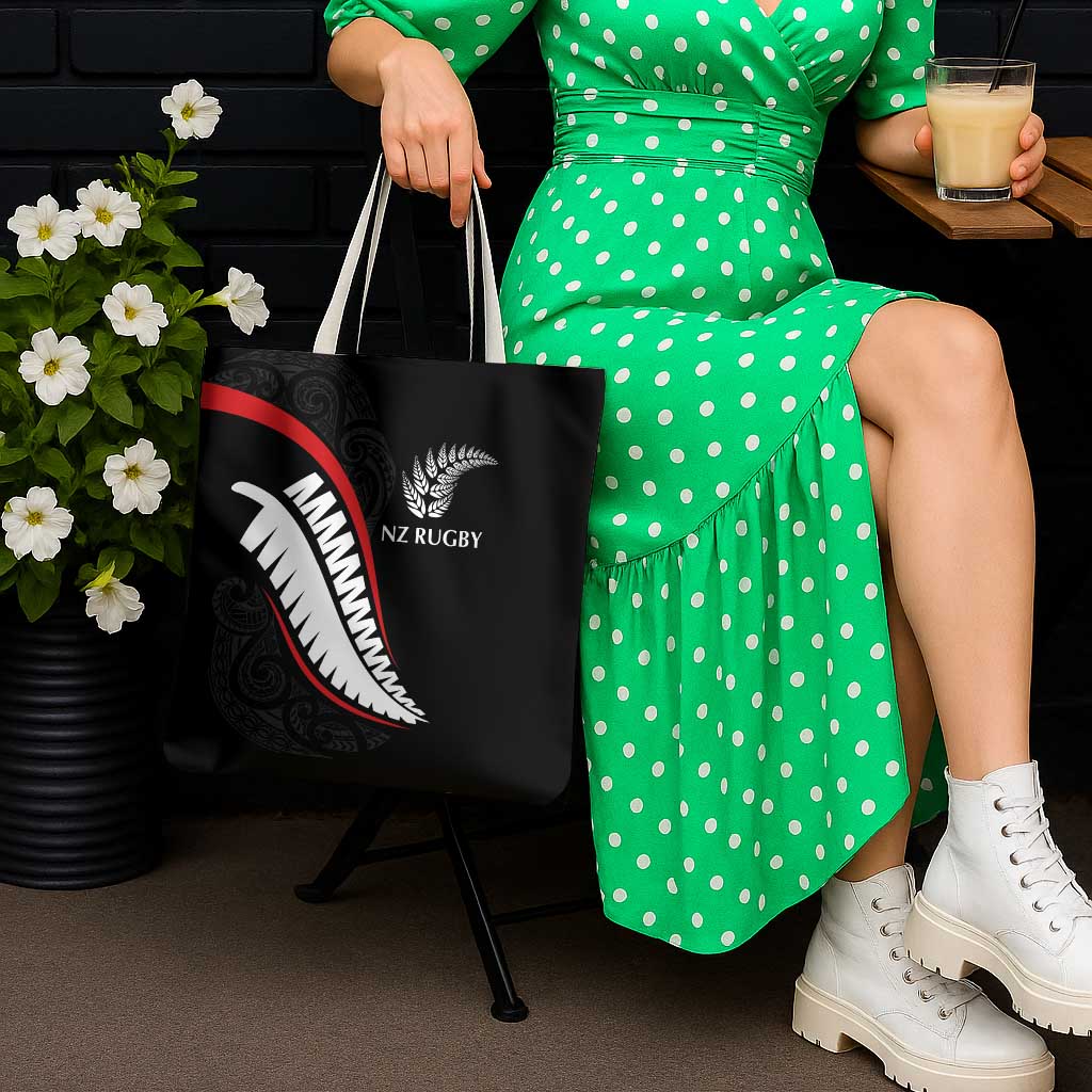 New Zealand Rugby Tote Bag Sporty Silver Fern Shape with Maori Tattoos - Polynesian Pride