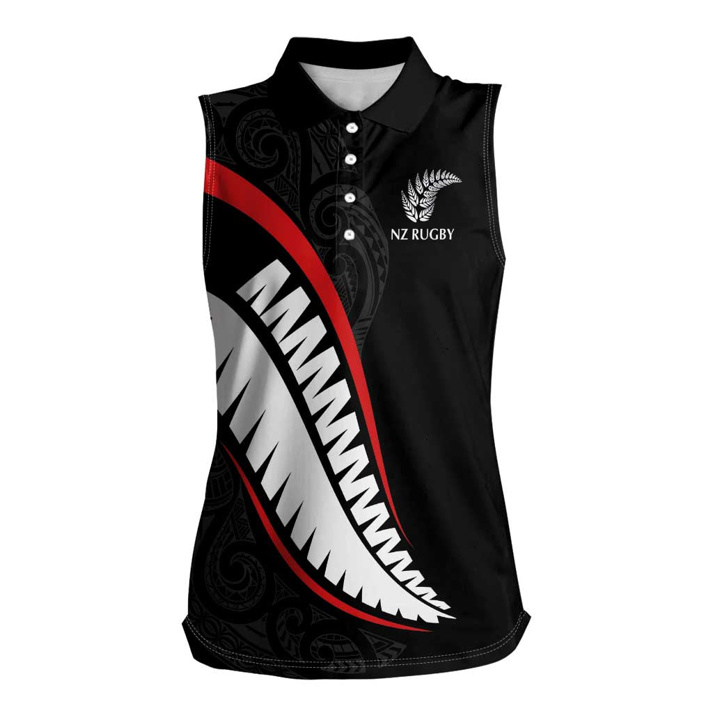 New Zealand Rugby Custom Women Sleeveless Polo Shirt Sporty Silver Fern Shape with Maori Tattoos - Polynesian Pride